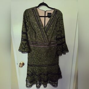 SHANI Black and Green Sheath Dress with Plunge Neckline and Bell Sleeves